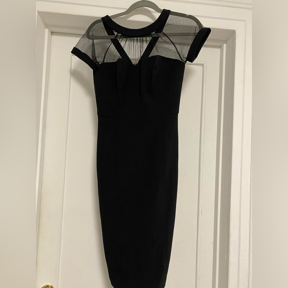 Maggy London Petites Black Illusion Neck Cap Sleeve Pencil Dress